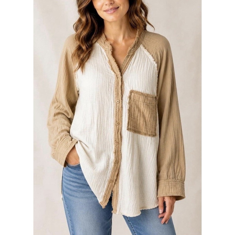 NWT Aerie Gauzy Cover Up Cotton Blouse XL Colorblock Neutral Coastal Shacket Top